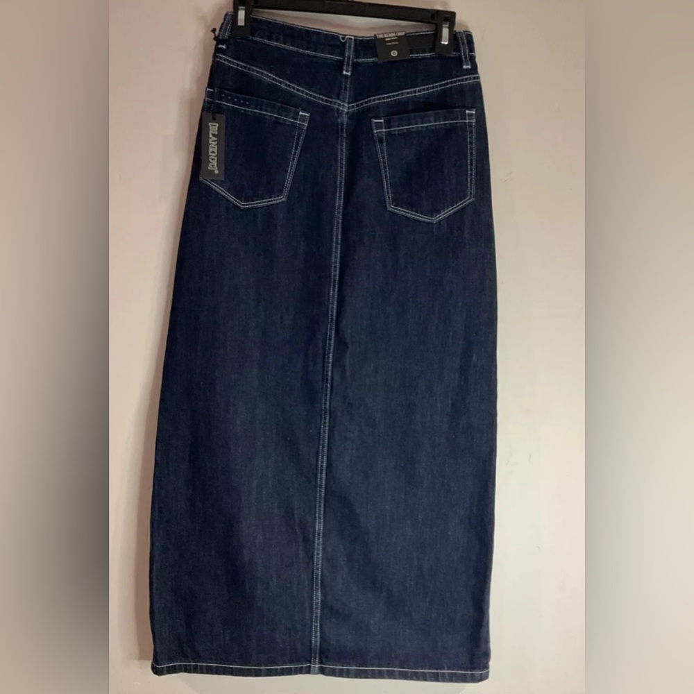 BLANKNYC Women’s Maxi Skirt Dark Wash Contrast Stitching Front Slit Sz 26 NWT - Picture 3 of 5